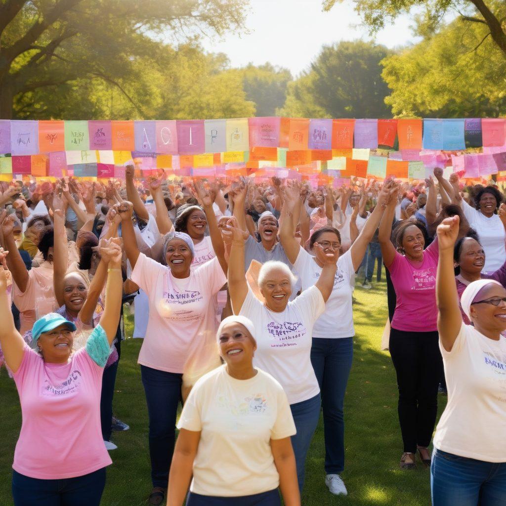 A warm, inviting scene of a diverse group of cancer survivors gathered in a sunlit park, sharing stories and laughter. The background features colorful banners displaying messages of hope and support. Various hands are raised holding signs with empowering words like 'Strength', 'Hope', and 'Unity'. Bright flowers bloom around them, symbolizing resilience and growth. super-realistic. vibrant colors. warm tones.
