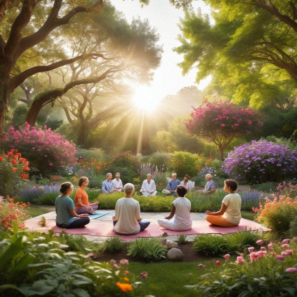 A serene landscape with a diverse group of cancer survivors meditating together in a lush garden, surrounded by colorful flowers and soft sunlight filtering through trees. In one corner, a display of holistic health practices like yoga and herbal remedies. In the background, gentle silhouettes of medical professionals engaging in innovative cancer treatments. The atmosphere is hopeful and healing. vibrant colors. super-realistic.