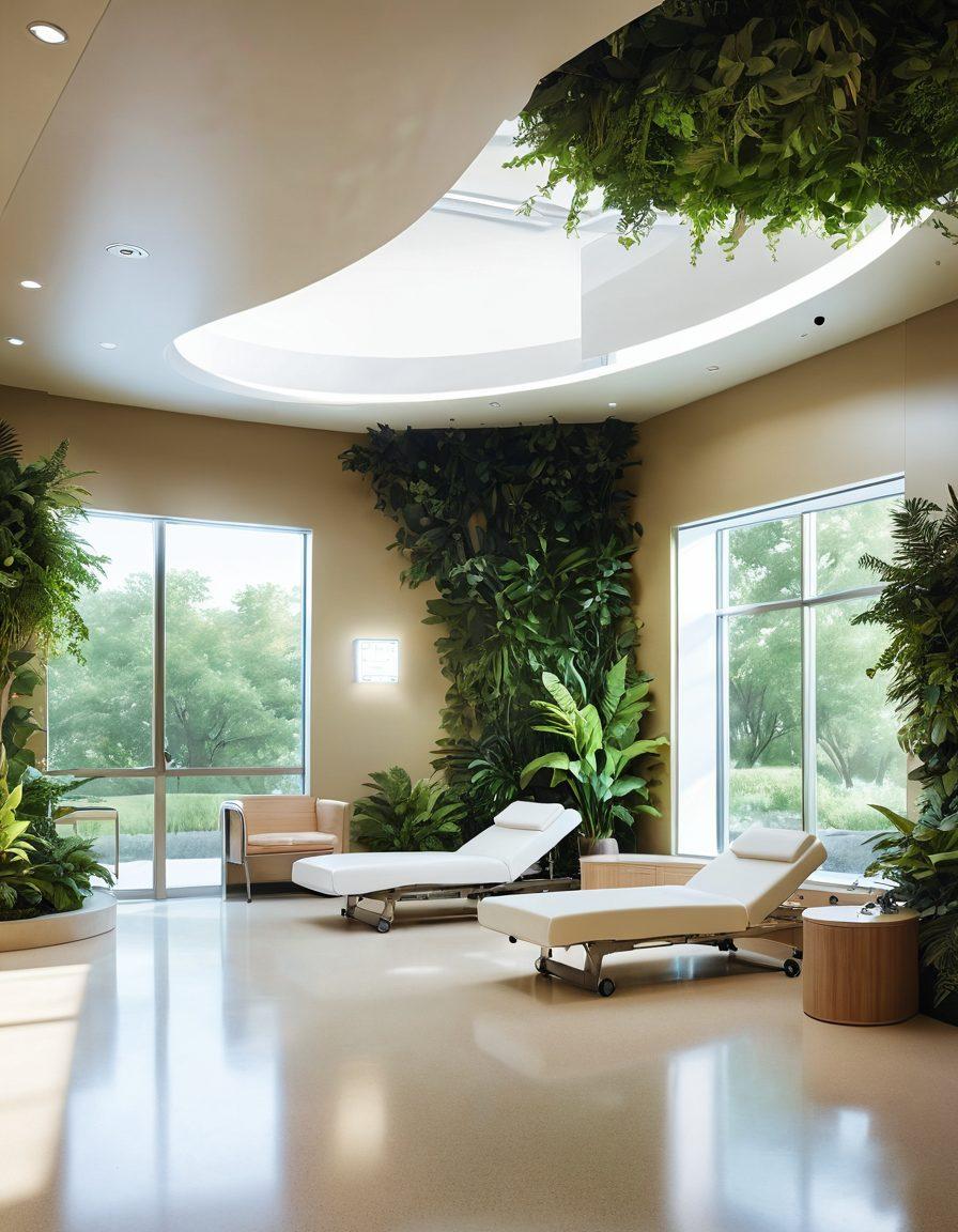 A hopeful and serene hospital setting where patients engage in innovative cancer treatments, featuring modern technology and compassionate healthcare professionals. Display a diverse group of survivors sharing their stories, surrounded by lush greenery symbolizing healing and renewal. Infuse a sense of warmth with soft lighting, and illustrate advanced treatment equipment integrated harmoniously with nature. organic shapes and a soothing color palette. super-realistic. vibrant colors.